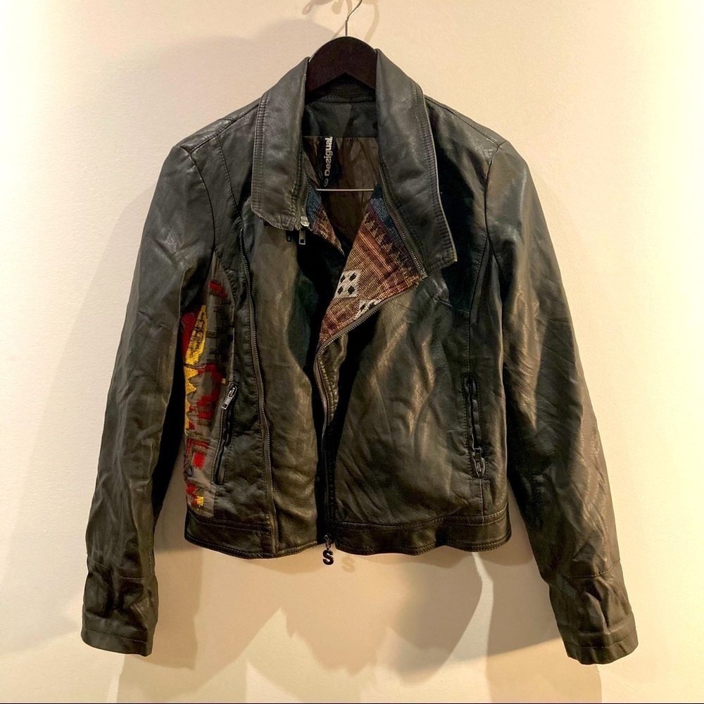 DESIGUAL Sz 38 Olive Aztec Patchwork Short Biker Moto Vegan Leather Jacket
